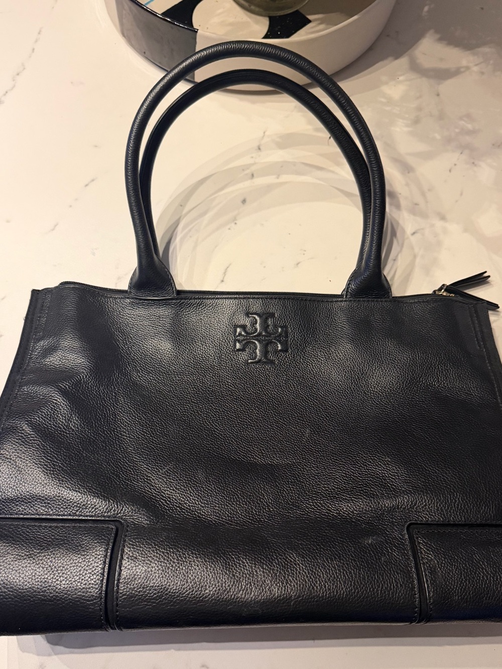 Tory Burch Black Pebbled Leather Tote with Double Handles